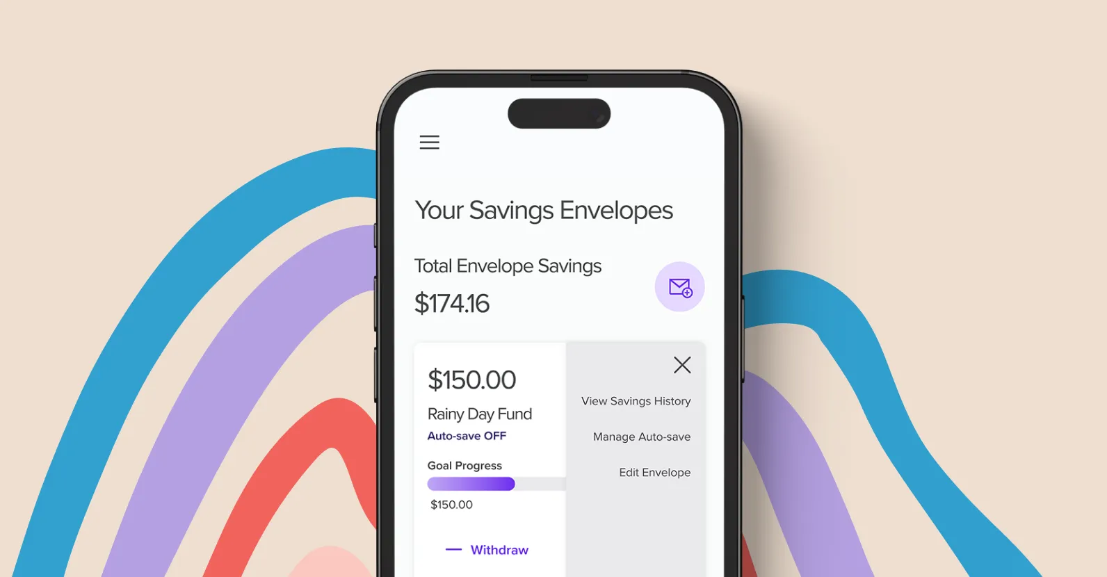 Phone showing wisely savings envelope savings screen with category options.