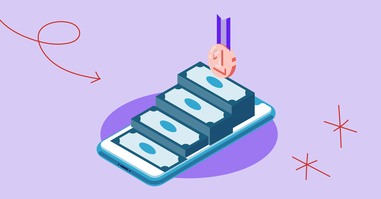 illustration showing money growth and success easily managed by mobile phone