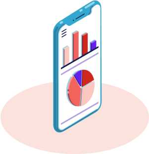 illustration of mobile phone showing transaction monitoring and spending and saving categories via bar chart and pie chart