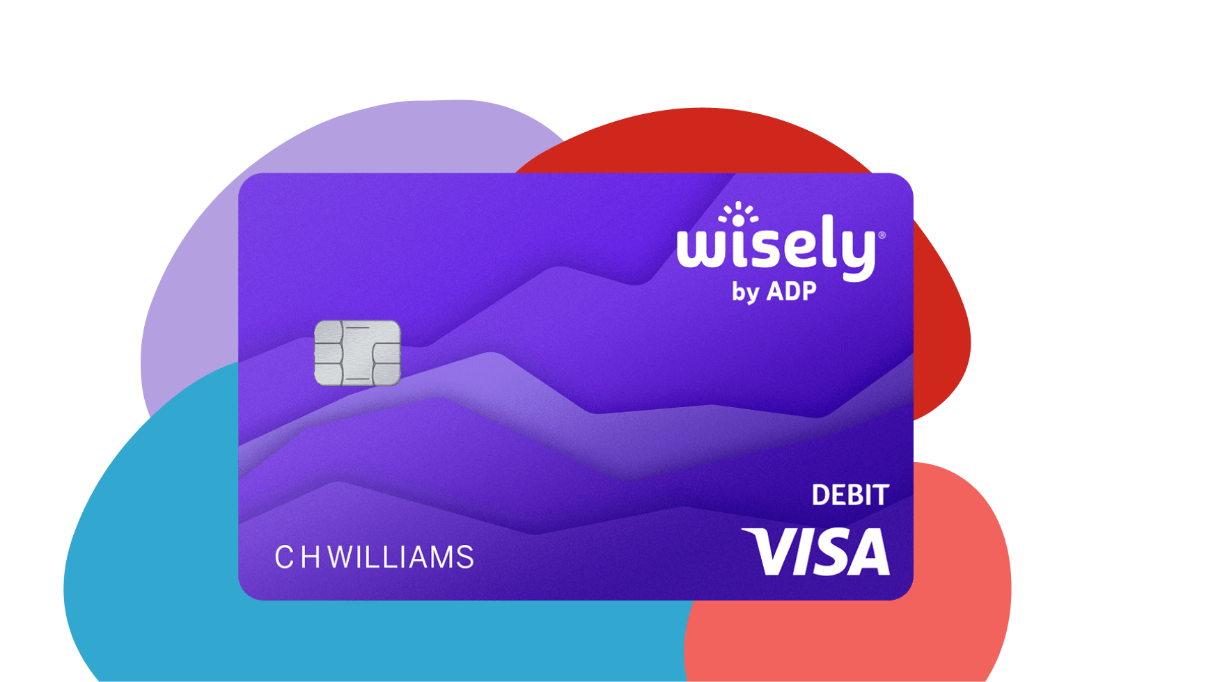 graphic illustration of the purple Wisely prepaid debit card with Visa insignia